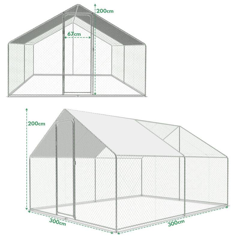 Hühnerstall Outdoor großer Hühnerhaus Dach Freilaufgehege Geflügelstall mit PE Verzinkter Stahlrahmen und abschließbare Tür 3 x 3 x 2 m