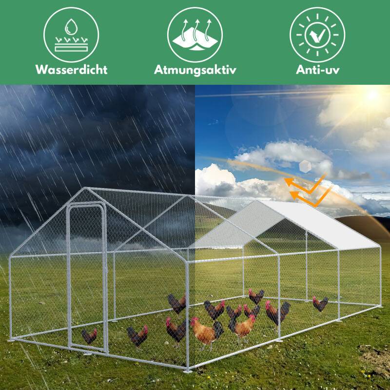 Hühnerstall Outdoor großer Hühnerhaus Dach Freilaufgehege Geflügelstall mit PE Verzinkter Stahlrahmen und abschließbare Tür 3 x 6 x 2 m