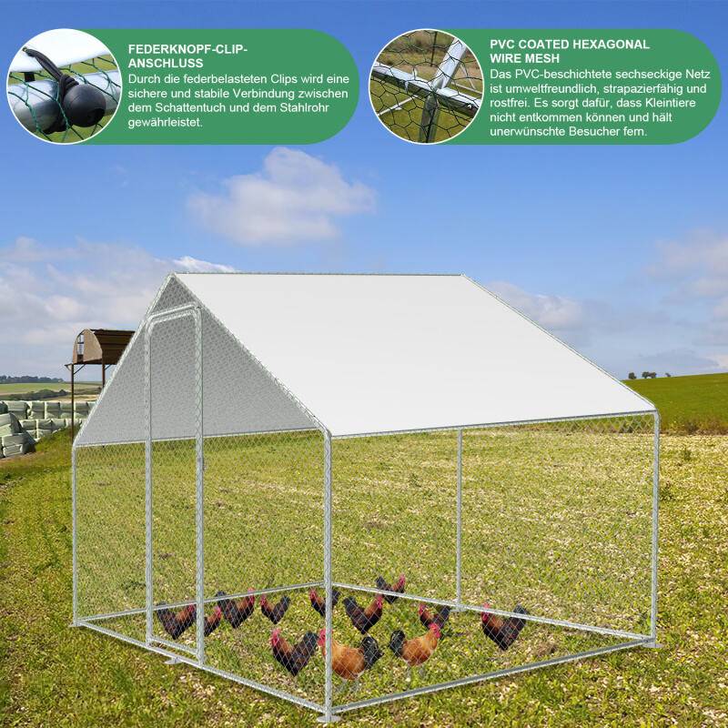 Hühnerstall Outdoor großer Hühnerhaus Dach Freilaufgehege Geflügelstall mit PE Verzinkter Stahlrahmen und abschließbare Tür 3 x 6 x 2 m