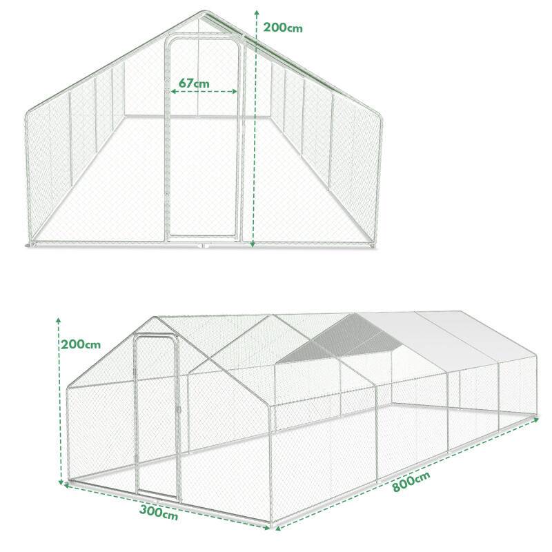 Hühnerstall Outdoor großer Hühnerhaus Dach Freilaufgehege Geflügelstall mit PE Verzinkter Stahlrahmen und abschließbare Tür 3 x 8 x 2 m