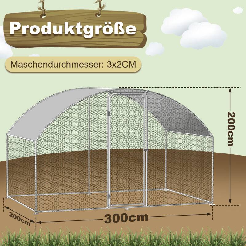 Hühnerstall Outdoor großer Hühnerhaus Dach Freilaufgehege Geflügelstall mit PE Verzinkter Stahlrahmen und abschließbare Tür 3 x 2 x 2 m Kuppel