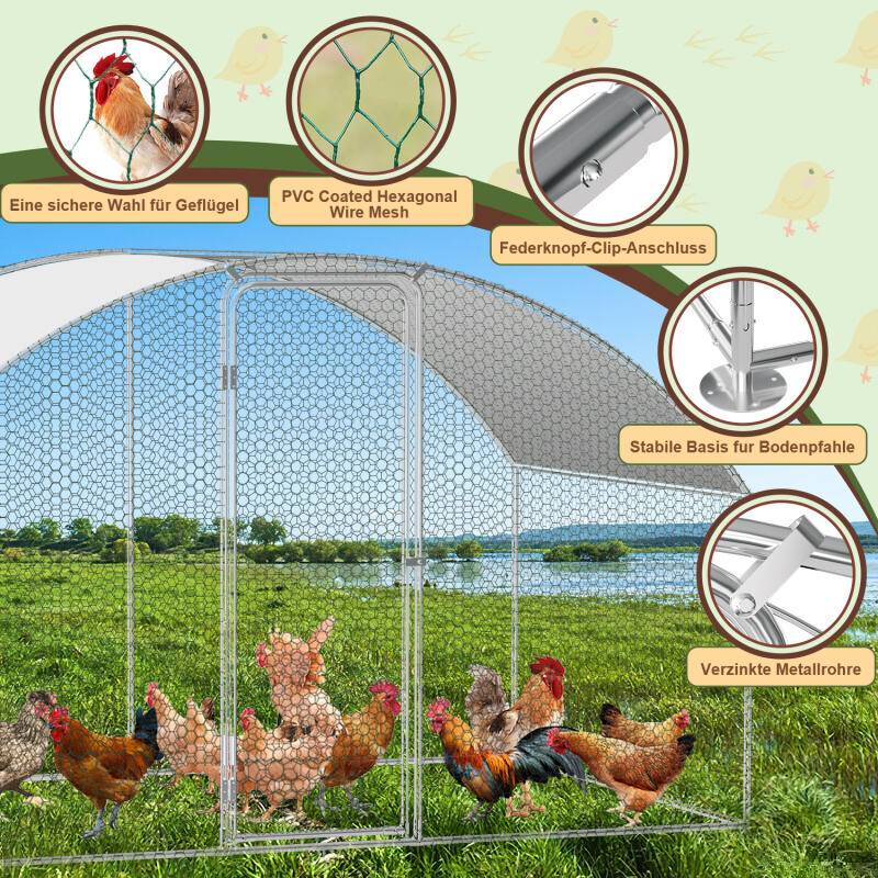 Hühnerstall Outdoor großer Hühnerhaus Dach Freilaufgehege Geflügelstall mit PE Verzinkter Stahlrahmen und abschließbare Tür 3 x 2 x 2 m Kuppel