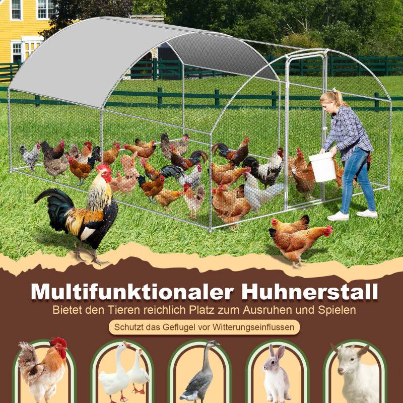 Hühnerstall Outdoor großer Hühnerhaus Dach Freilaufgehege Geflügelstall mit PE Verzinkter Stahlrahmen und abschließbare Tür 3 x 4 x 2 m Kuppel