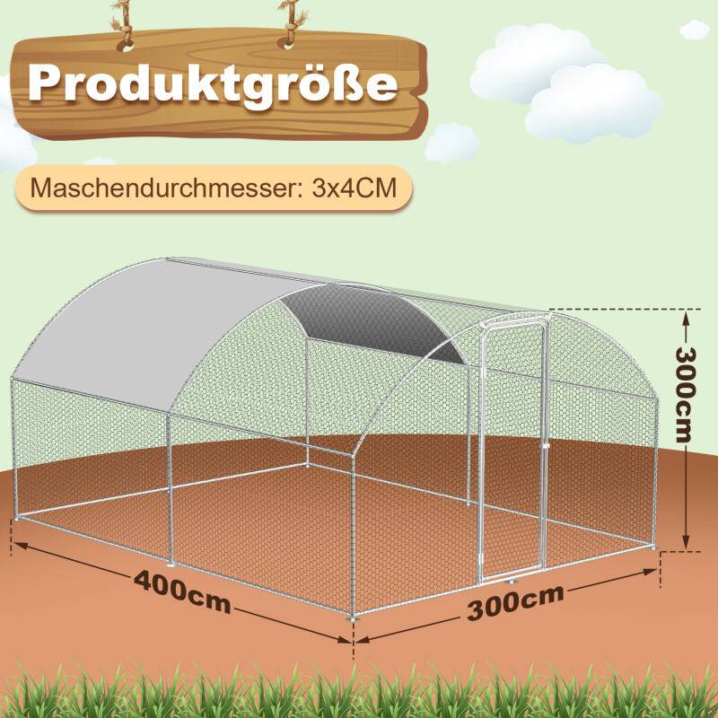 Hühnerstall Outdoor großer Hühnerhaus Dach Freilaufgehege Geflügelstall mit PE Verzinkter Stahlrahmen und abschließbare Tür 3 x 4 x 2 m Kuppel