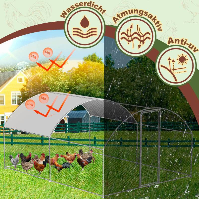 Hühnerstall Outdoor großer Hühnerhaus Dach Freilaufgehege Geflügelstall mit PE Verzinkter Stahlrahmen und abschließbare Tür 3 x 4 x 2 m Kuppel