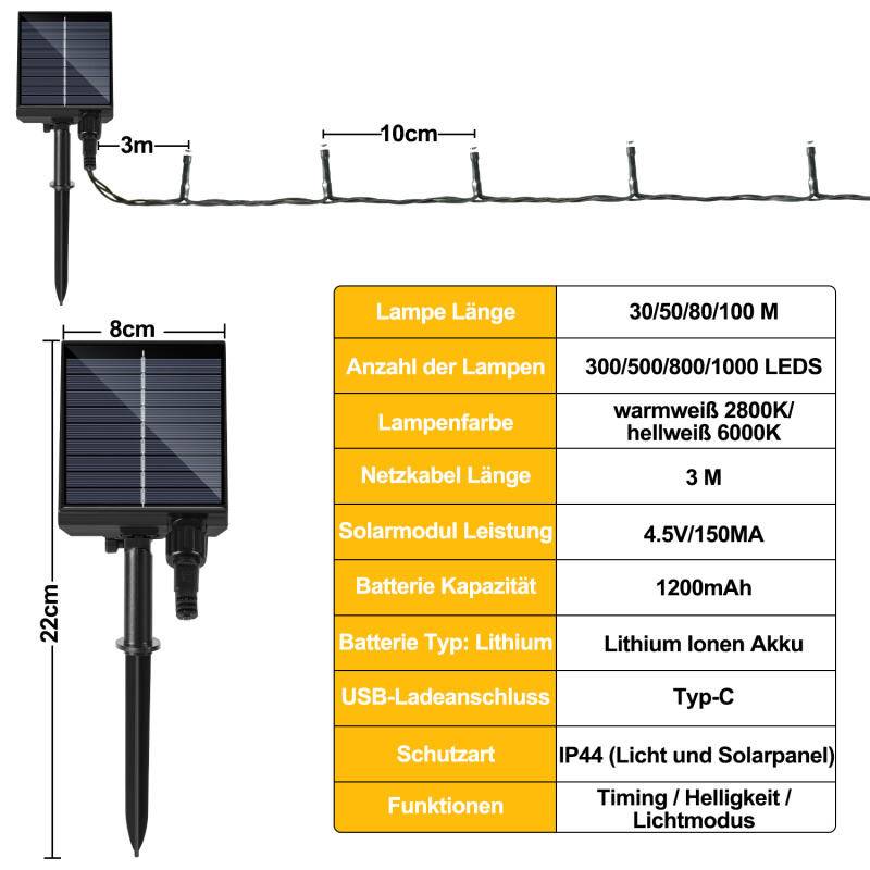 80M 800LEDs Solar Lichterkette 8 Beleuchtungsmodell IP44 Wasserdicht Außen Garten Party Weihnachten Deko Warmweiß 2 Stück