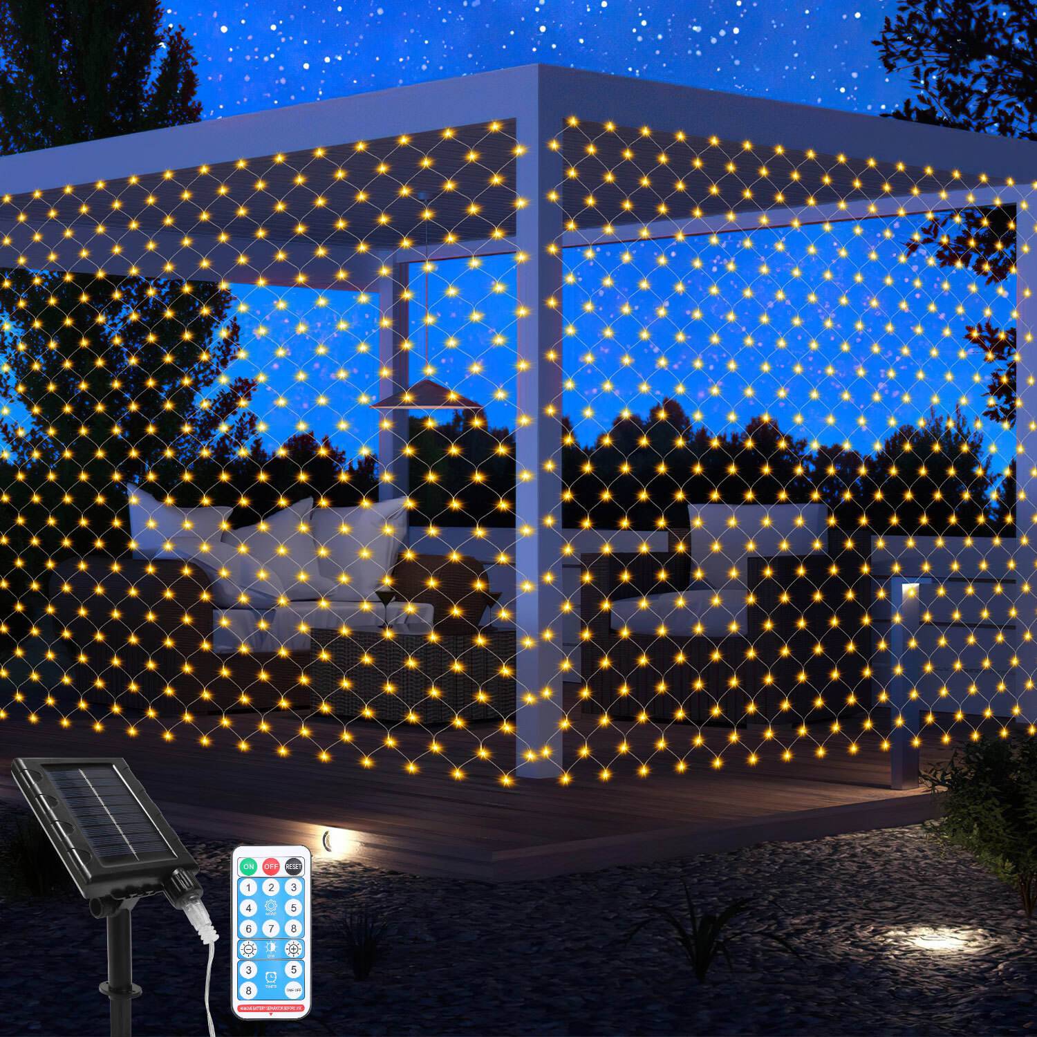 Solar Lichternetz Lichterkette 3M x 2M Lichtervorhang Mit Fernbedienung Timer Weihnachten Party Garten Deko Warmweiß