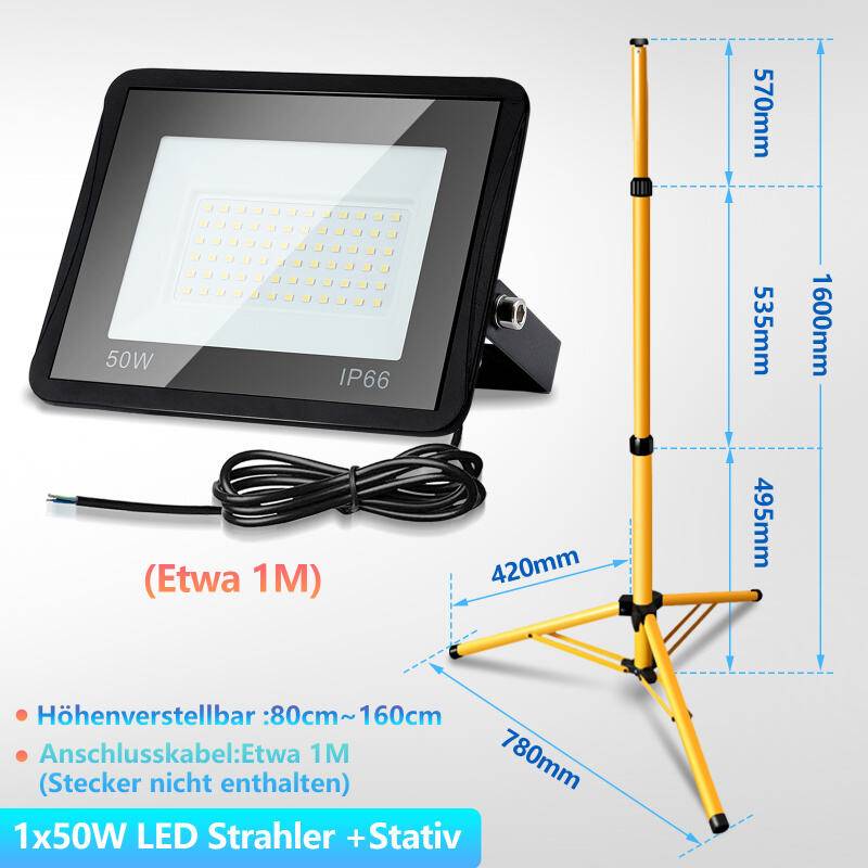 50W LED Baustrahler Fluter Stativ Flutlicht Scheinwerfer Außenstrahler Arbeitsleuchte Bauscheinwerfer IP66 Wasserdicht Warmweiß