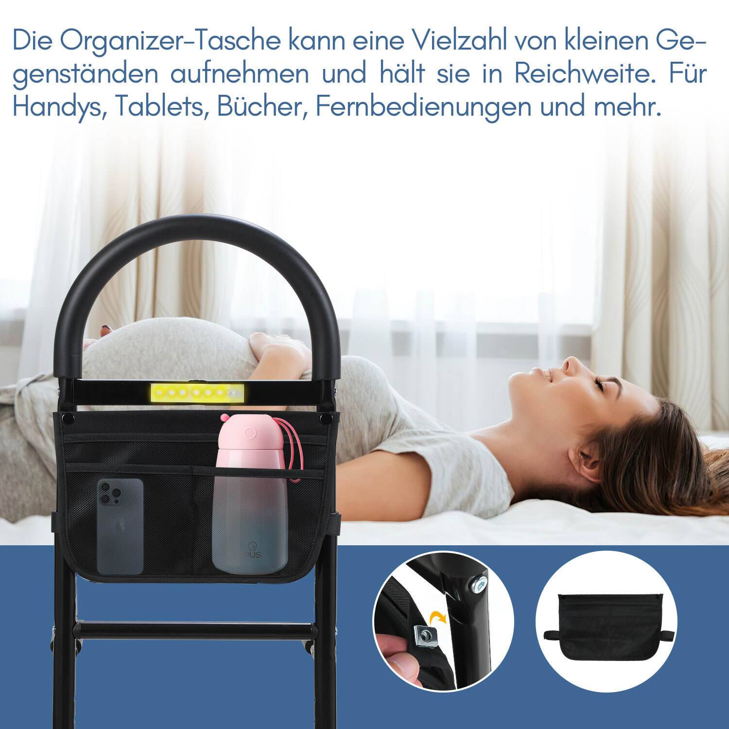 Aufstehhilfe Bett Bettgitter für Ältere Sicherheit Bettgeländer mit Lagerung Tasche und Sensorlicht Höhe Verstellbar