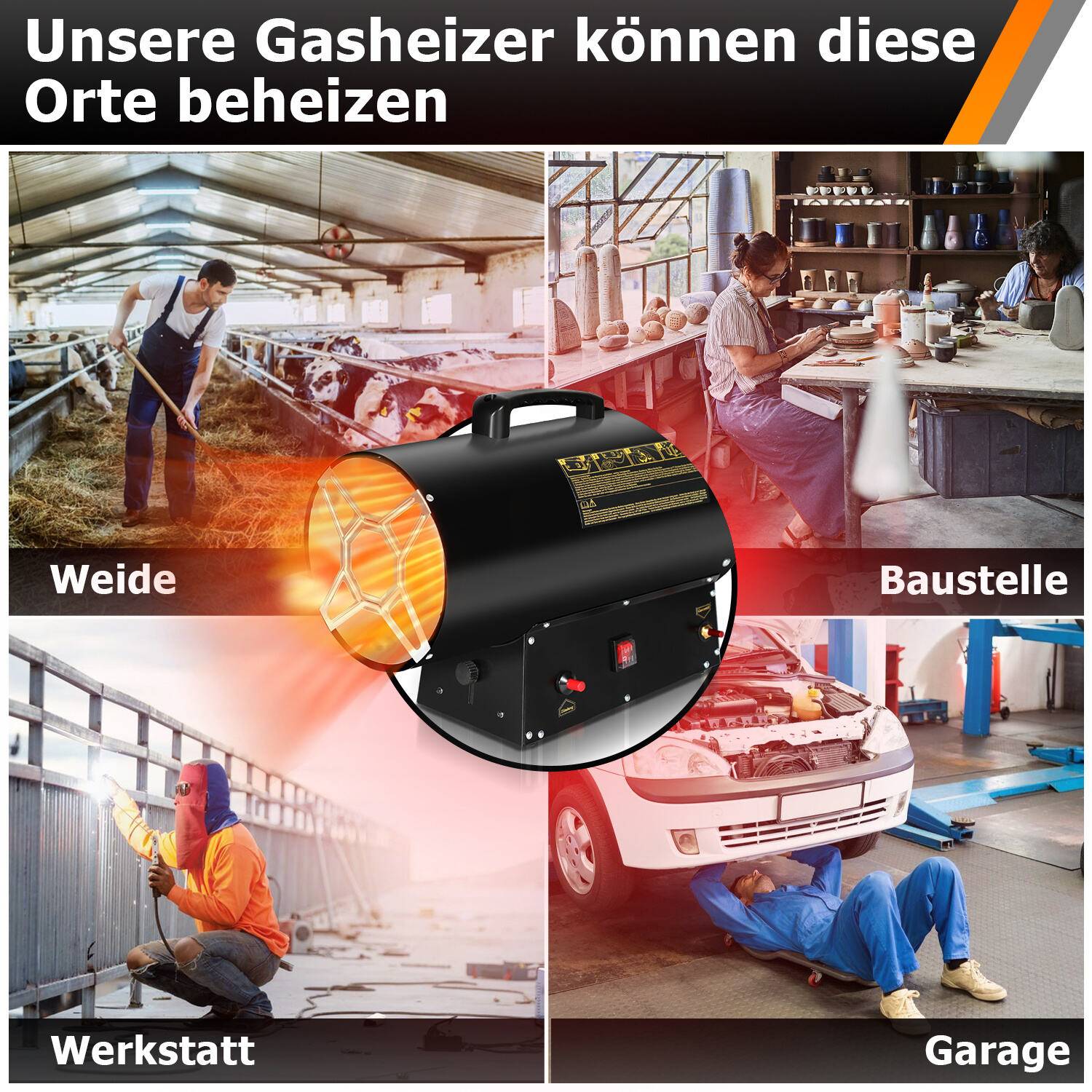 30kW Gasheizgebläse Gasheizer Heizkanone Gasheizstrahler Bauheizer Gas Heizlüfter Heizstrahler inkl. Gasschlauch & Druckminderer Heizgebläse