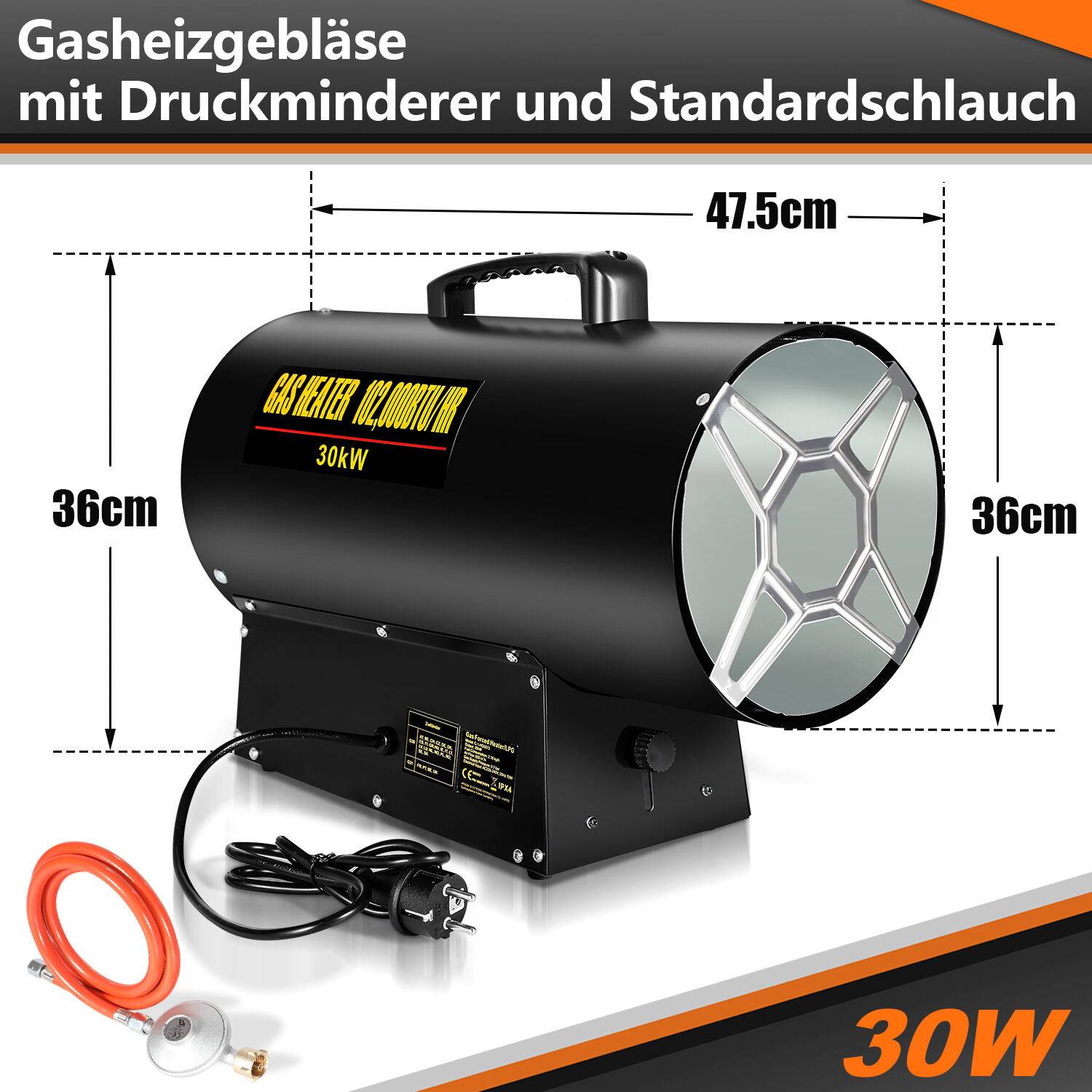 30kW Gasheizgebläse Gasheizer Heizkanone Gasheizstrahler Bauheizer Gas Heizlüfter Heizstrahler inkl. Gasschlauch & Druckminderer Heizgebläse