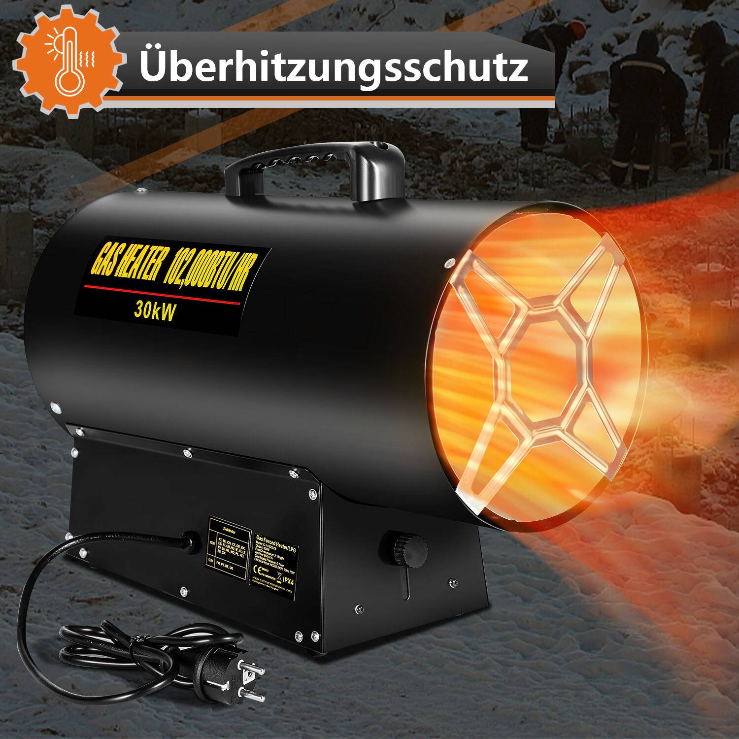 30kW Gasheizgebläse Gasheizer Heizkanone Gasheizstrahler Bauheizer Gas Heizlüfter Heizstrahler inkl. Gasschlauch & Druckminderer Heizgebläse