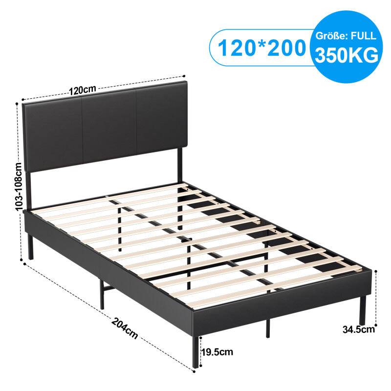 Bettgestell hohes Kopfteil robustes Bettgestell Maximale 120x200CM Tragfähigkeit 350 kg für Schlafzimmerbett Kunstleder