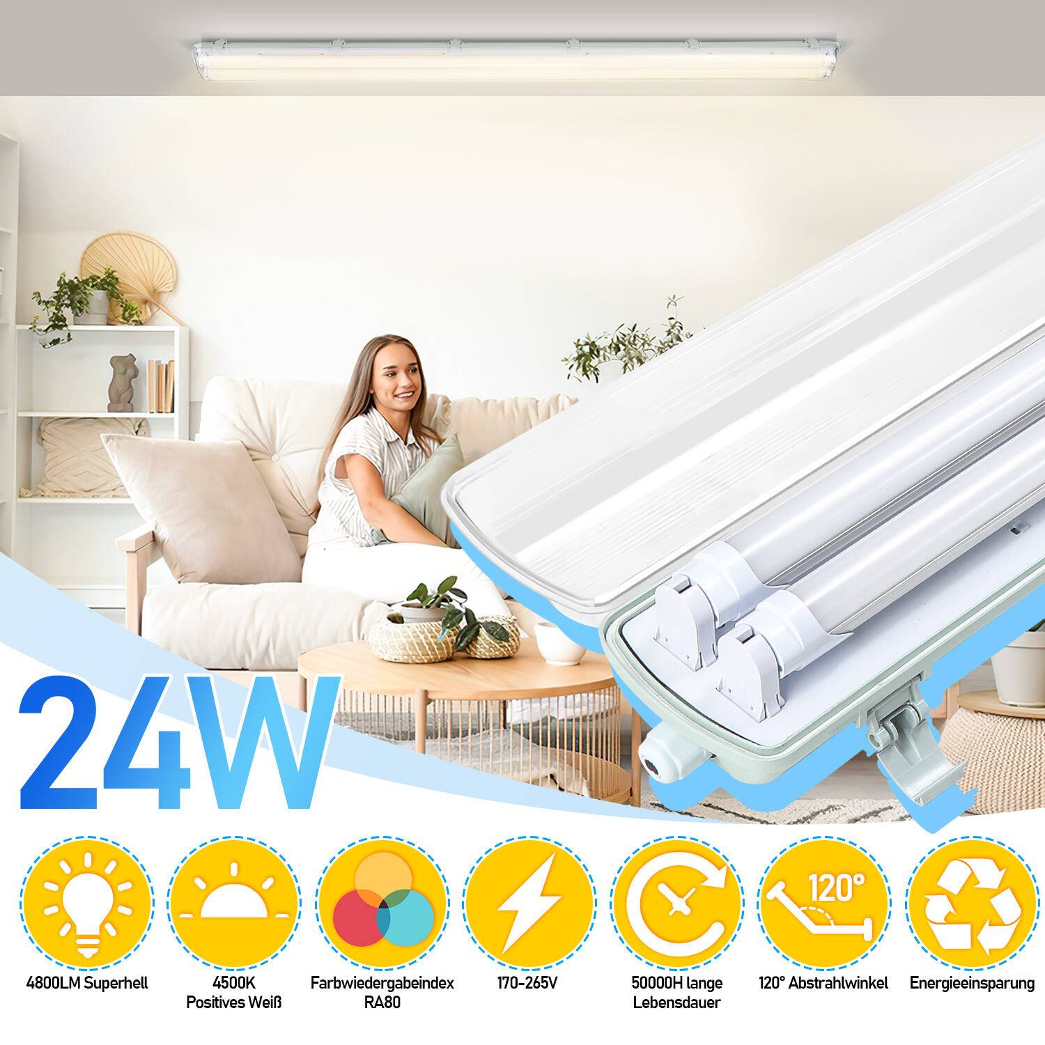 LED Feuchtraumleuchte Kellerleuchte Wannenleuchte Leuchtstoff Keller 150cm Neutralweiß