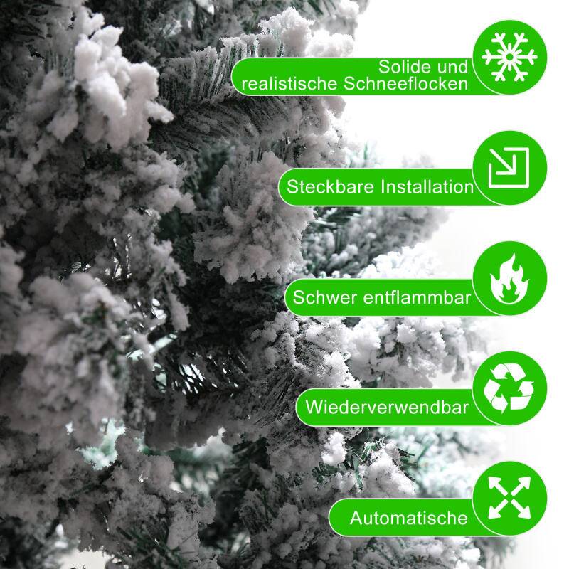 künstlicher Weihnachtsbaum 150cm (Ø ca. 95 cm) mit 550 Spitzen und Schnellaufbau Klapp-System, schwer entflammbar, mit Schnee