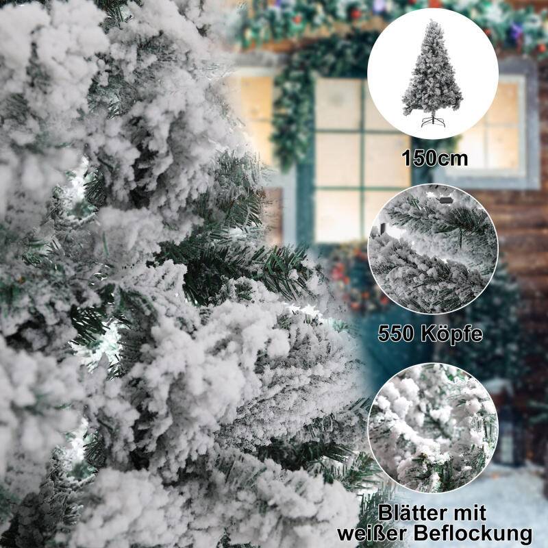 künstlicher Weihnachtsbaum 150cm (Ø ca. 95 cm) mit 550 Spitzen und Schnellaufbau Klapp-System, schwer entflammbar, mit Schnee