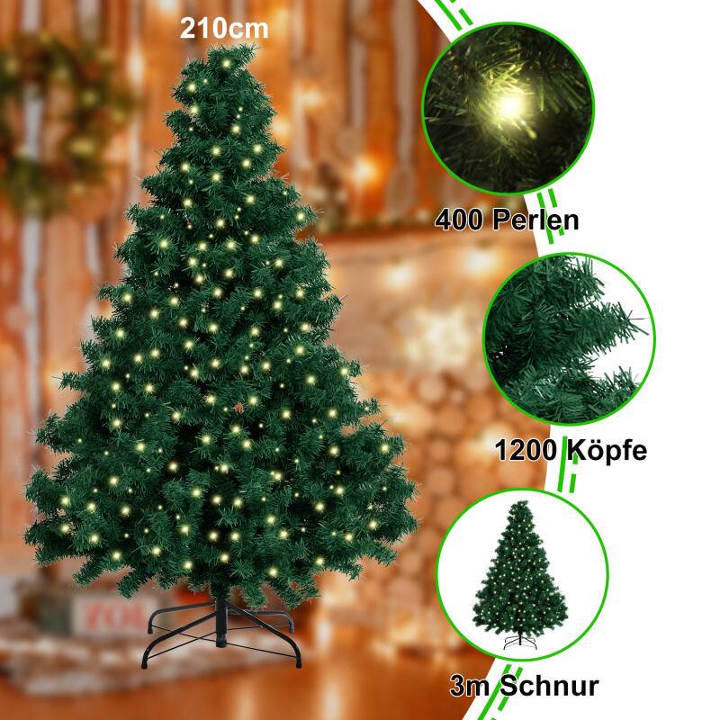 LED 210CM Künstlicher Weihnachtsbaum Tannenbaum Grün PVC Nadeln Dekobaum für Weihnachten-Dekoration mit Lichterkette, mit 1200 Spitzen