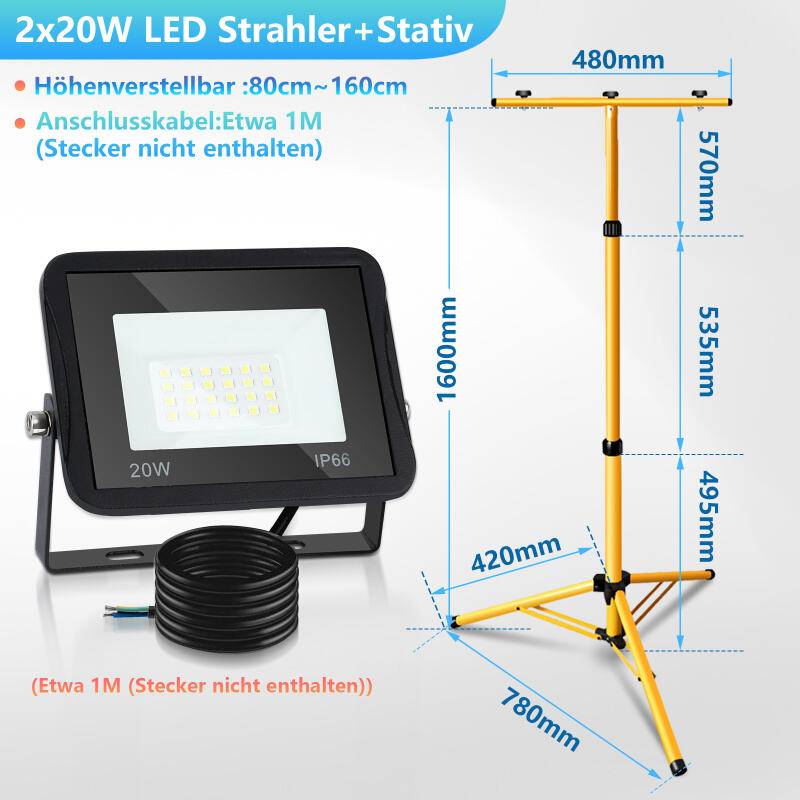 2x 20W LED Baustrahler Fluter Stativ Flutlicht Scheinwerfer Außenstrahler Arbeitsleuchte Bauscheinwerfer IP66 Wasserdicht Warmweiß