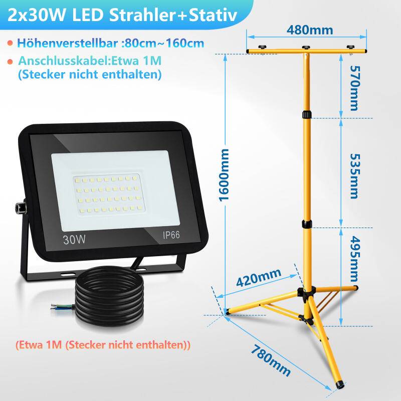 LED Baustrahler 2x 30W LED Fluter Flutlicht mit Stativ Außenstrahler IP81 Wasserdicht Scheinwerfer Arbeitsleuchte Kaltweiß