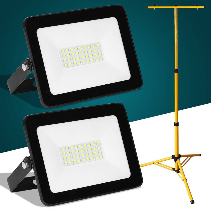 LED Baustrahler 2x 30W LED Fluter Flutlicht mit Stativ Außenstrahler IP81 Wasserdicht Scheinwerfer Arbeitsleuchte Kaltweiß