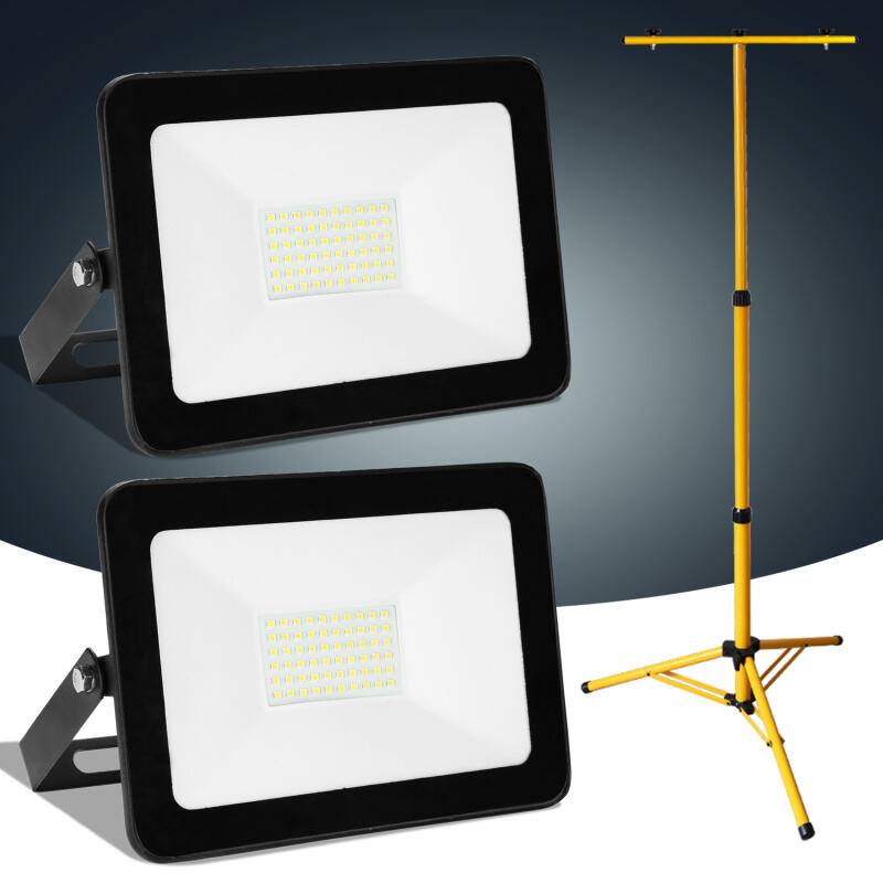 2x 50W LED Baustrahler Fluter Stativ Flutlicht Scheinwerfer Außenstrahler Arbeitsleuchte Bauscheinwerfer IP66 Wasserdicht Warmweiß