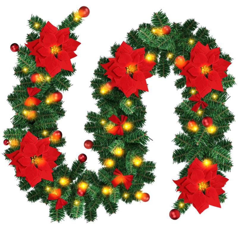 270cm Weihnachtsgirlande mit 50 LED Lichterkette Girlande Tannengirlande Weihnachtsdeko, Rot