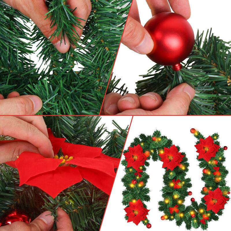 270cm Weihnachtsgirlande mit 50 LED Lichterkette Girlande Tannengirlande Weihnachtsdeko, Rot