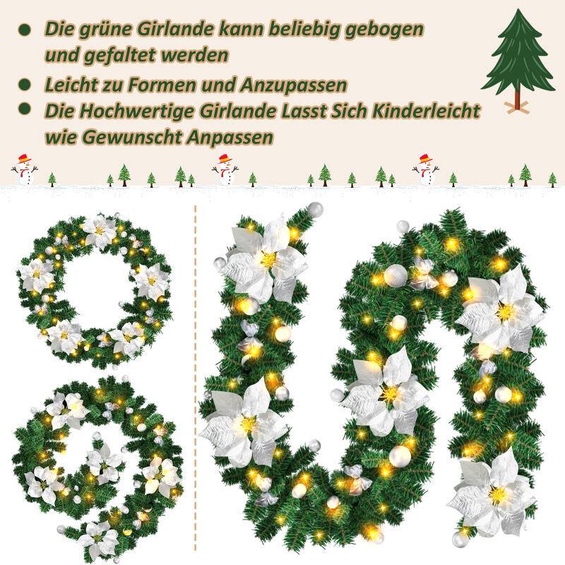 270cm Weihnachtsgirlande mit 50 LED Lichterkette Girlande Tannengirlande Weihnachtsdeko, Silver