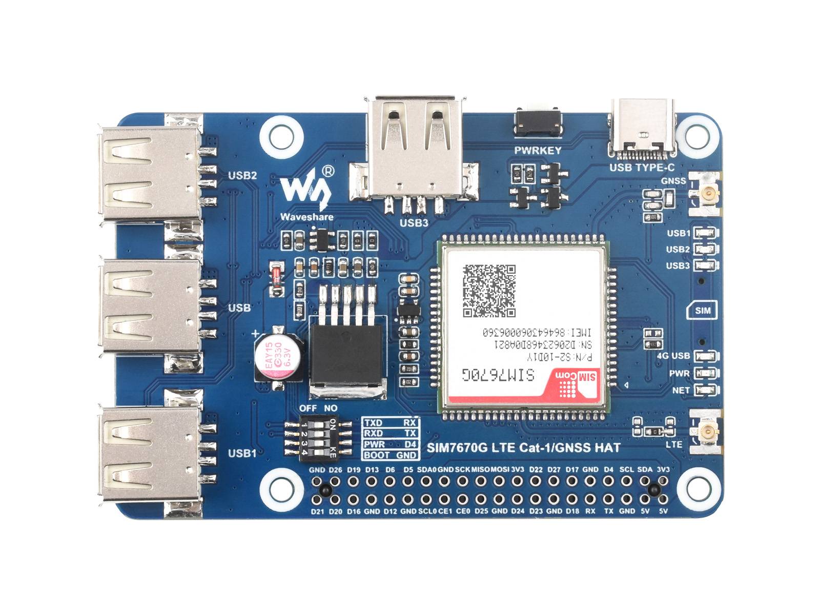 WaveShare Cat-1/GNSS HAT for Raspberry Pi (SIM7670G) Global LTE 4G Cat-1