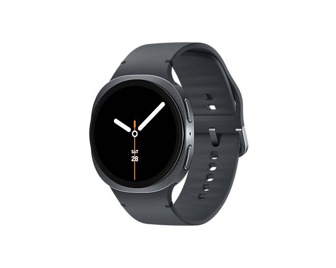 Eine schwarze Smartwatch mit rundem Zifferblatt und grauem Armband auf schwarzem Hintergrund, die eine Uhr im Analogstil und das Datum „SA 28