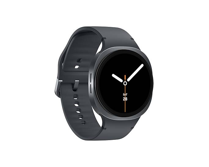 Schwarze runde Smartwatch mit dunkelm Armband, die ein analoges Zifferblatt mit dem Datum 'SA 28' auf einem schlichten weißen Hintergrund zeigt.