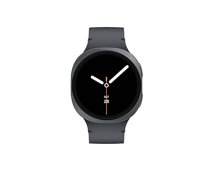 Schwarze runde Smartwatch mit analogem Zifferblatt, auf dem 