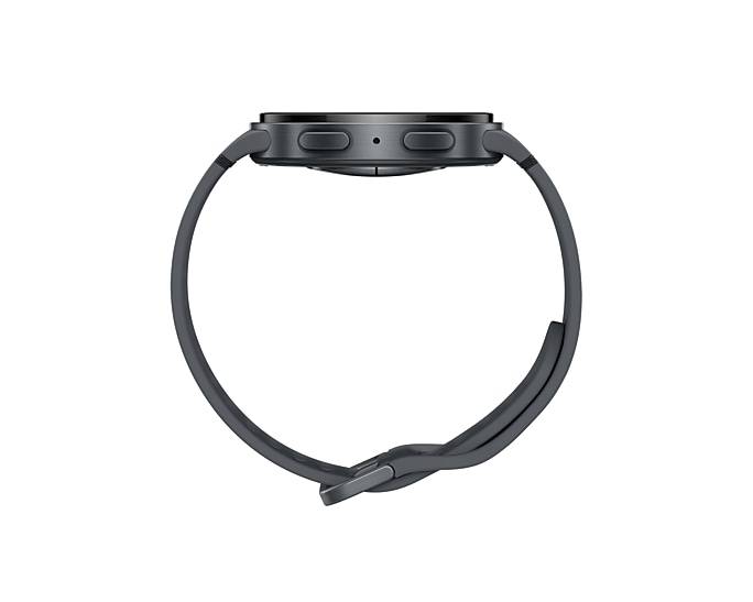 Seitenansicht einer schwarzen Smartwatch mit rundem Gehäuse und schwarzem Armband auf weißem Hintergrund.