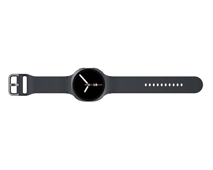 Schwarze runde Smartwatch mit schwarzem Silikonarmband, Vorderansicht auf weißem Hintergrund.