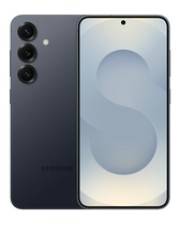 Ein schlankes schwarzes Smartphone mit drei Rückkameras und dem Samsung-Logo darunter. Der Bildschirm zeigt ein minimalistisches 'S'-Design.