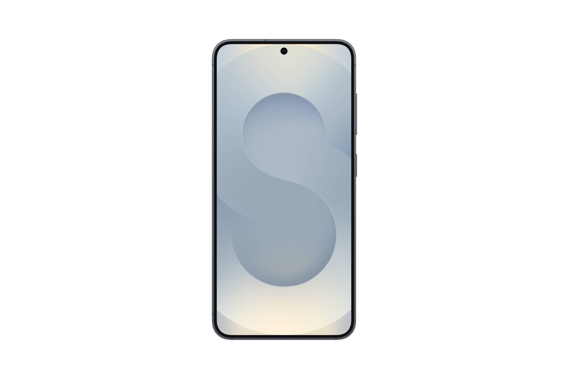 Vorderansicht eines Smartphones mit einer zentrierten Loch-Kamera und abstraktem blaugrauem 'S'-Hintergrundbild auf einem Bildschirm mit hellem Farbverlauf.