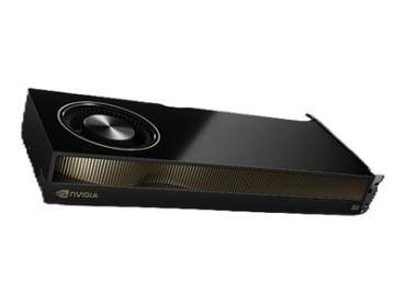 Eine schwarze und goldene Grafikkarte mit einem Lüfter an einem Ende und dem 'NVIDIA'-Logo an der Seite.