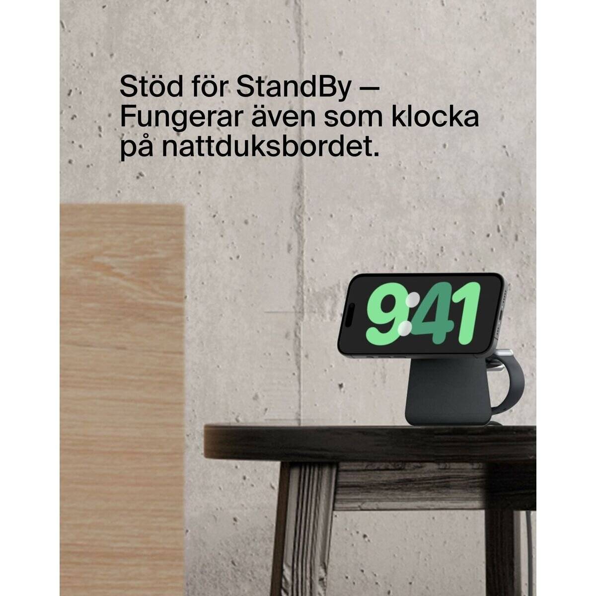 Smartphone auf einem Ständer, der 9:41 anzeigt, mit schwedischem Text: 'Unterstützung für StandBy – Funktioniert auch als Uhr auf dem Nachttisch.