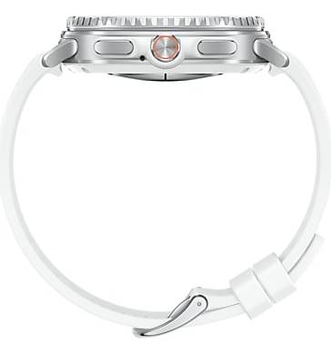 Seitenansicht einer silbernen Smartwatch mit weißem Armband, die das kreisförmige Zifferblatt und das erhabene Lünettendesign zeigt.