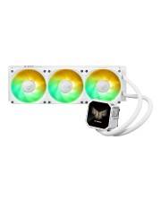 Dreifach-RGB-Gehäuselüfter-Radiator mit einer kleinen CPU-Flüssigkeitskühler-Pumpe und weißen Schläuchen auf einfachem Hintergrund.