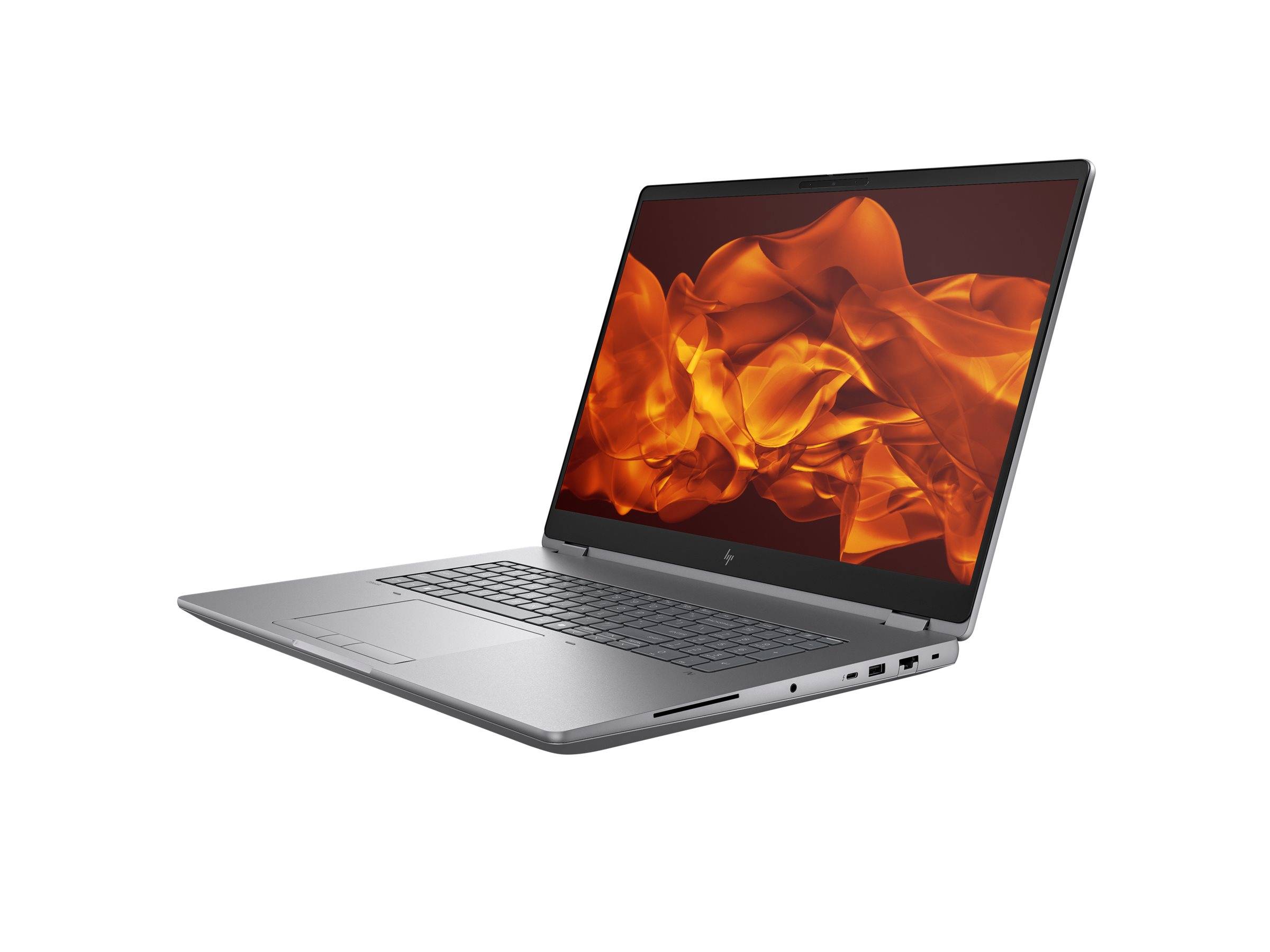 Ein silberner Laptop mit einem Bildschirm, auf dem orangefarbene Flammen auf schwarzem Hintergrund zu sehen sind, von der linken Seite und Tastatur aus betrachtet.