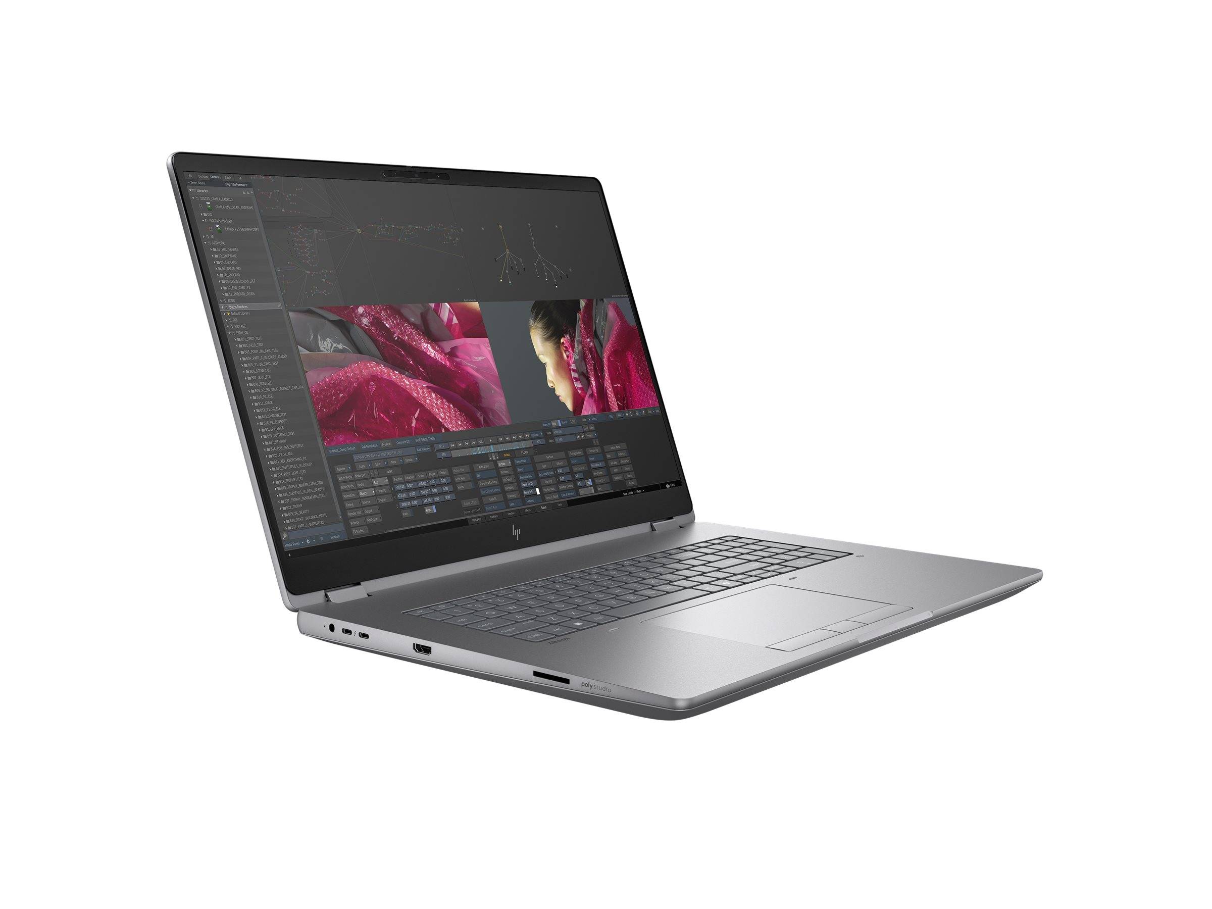 Ein silberner Laptop ist geöffnet und zeigt Videobearbeitungssoftware mit bunten Videoclips auf dem Bildschirm.