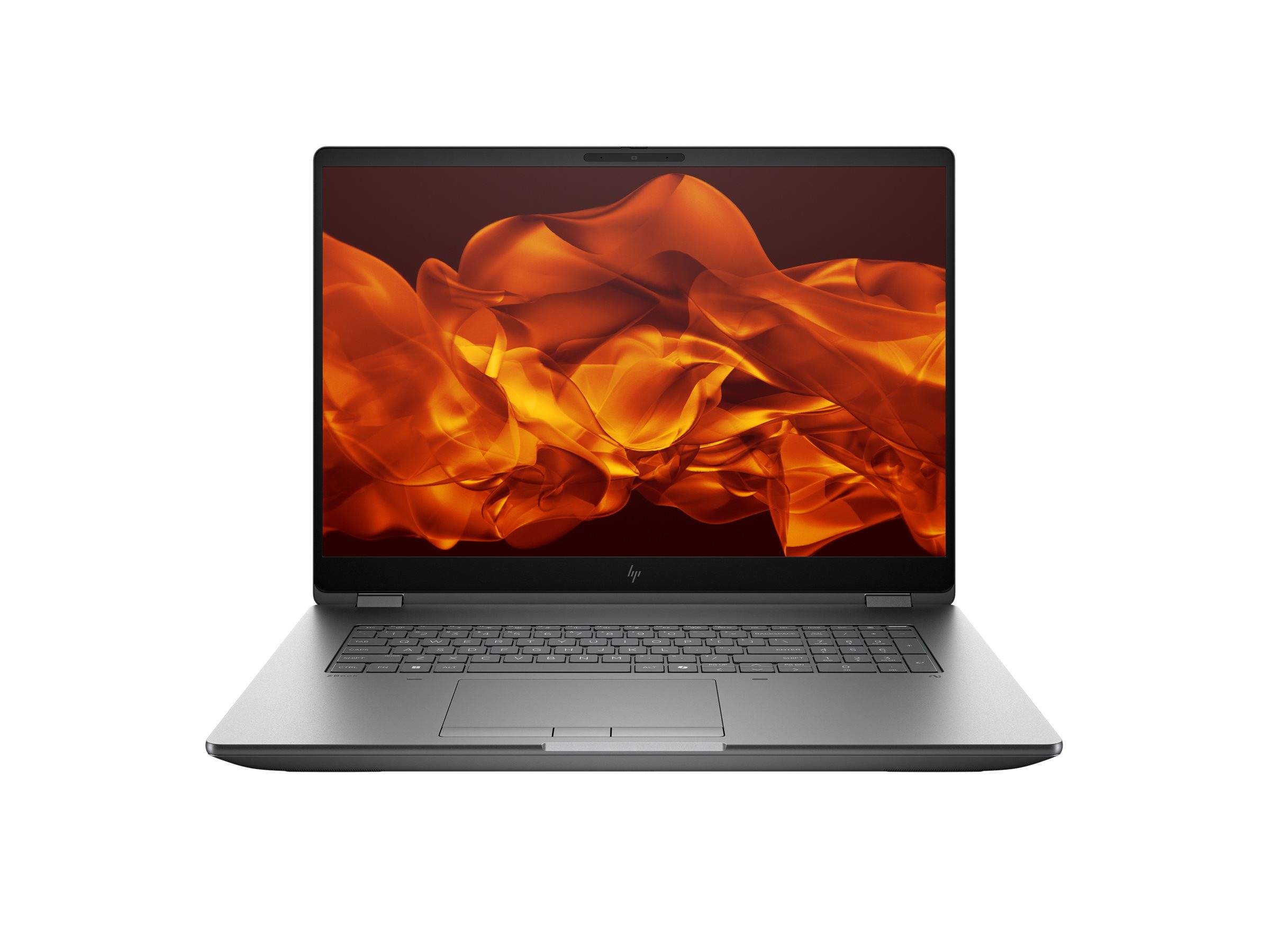 Ein schlankes Laptop, das ein abstraktes orangefarbenes Flammenmotiv auf seinem Bildschirm zeigt, Frontansicht, vor einem weißen Hintergrund.
