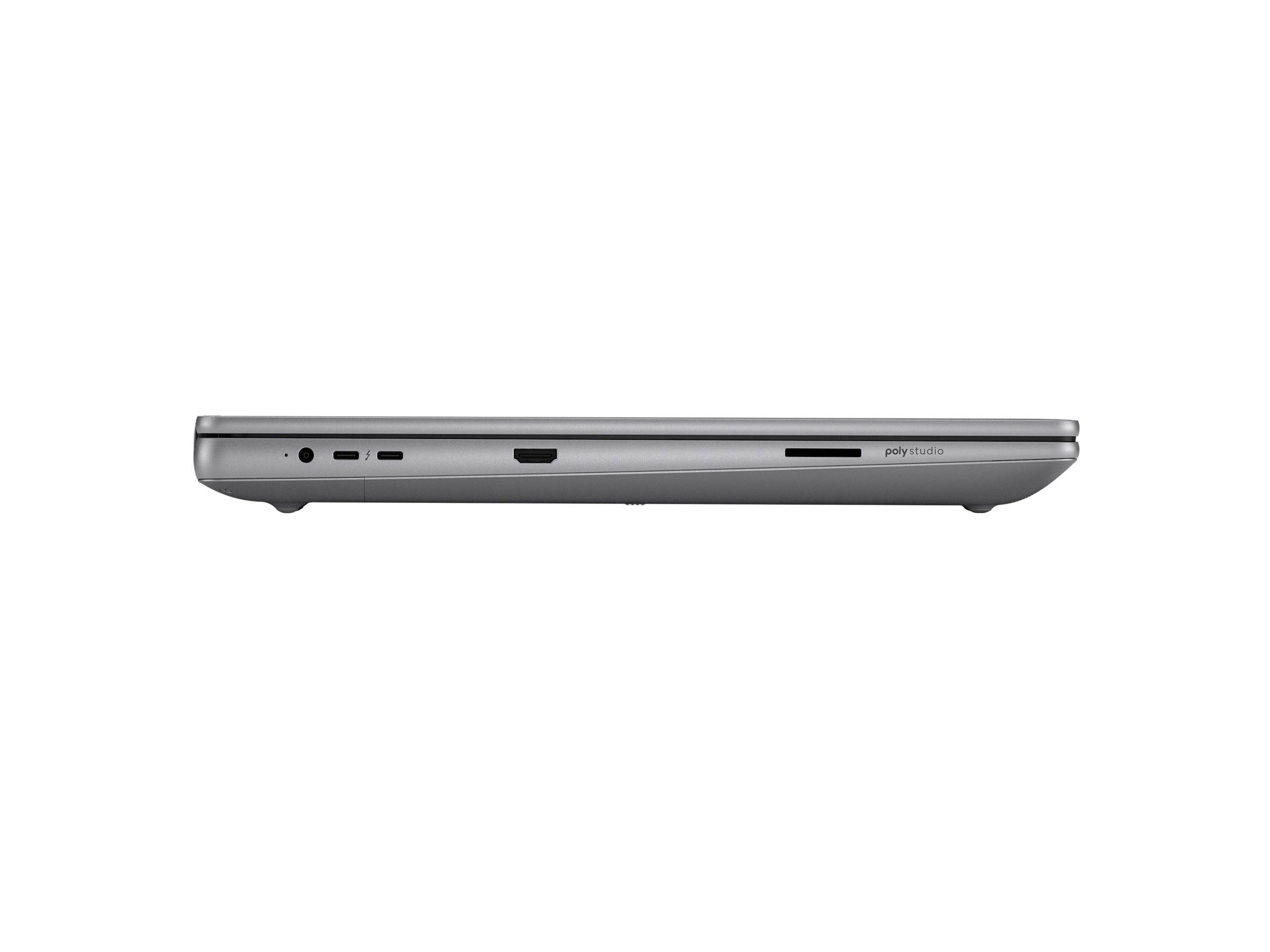 Seitenansicht eines geschlossenen silbernen Laptops mit schlankem Profil, an dessen Kante der Kopfhörerbuchse, ein USB-Anschluss und ein SD-Kartensteckplatz zu sehen sind.