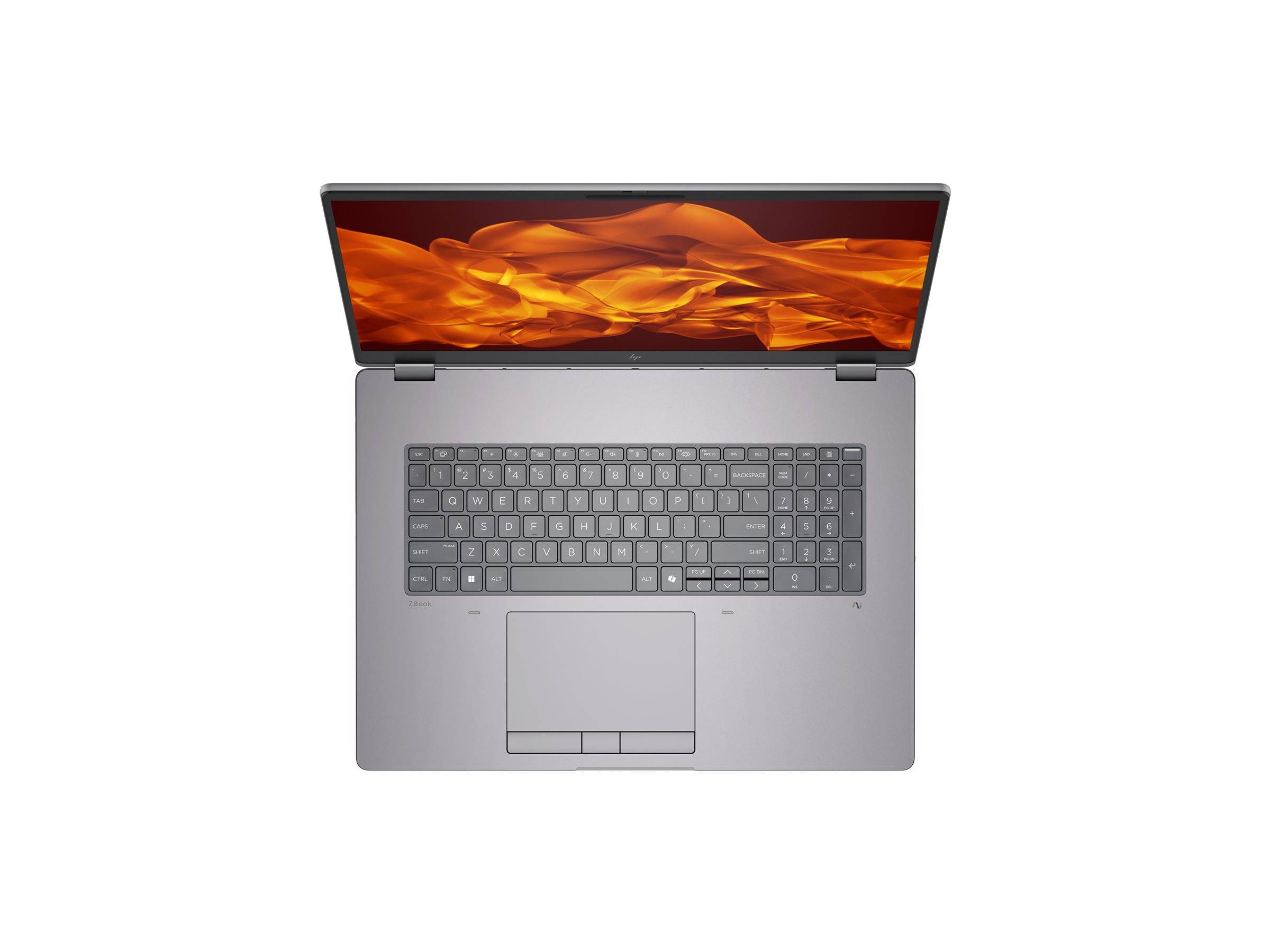 Ein grauer Laptop mit einem Bildschirm, der lebendige orangefarbene Flammen zeigt, von oben betrachtet, wobei die Tastatur und das Trackpad hervorgehoben werden.