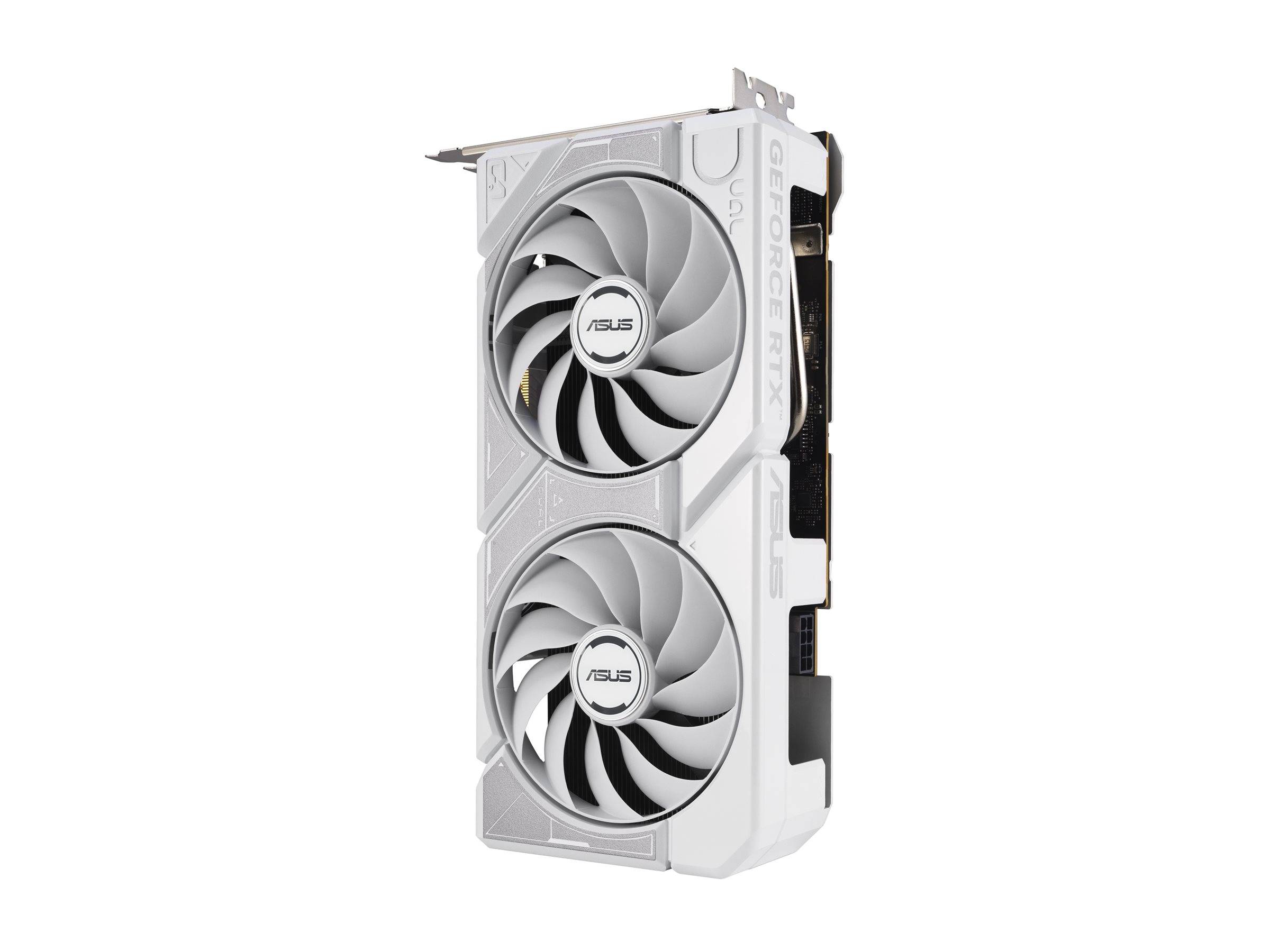 Eine weiße ASUS-Grafikkarte mit Doppellüftern, seitlich mit 'GEFORCE RTX' beschriftet, die ihr elegantes Design für leistungsstarkes Computing präsentiert.