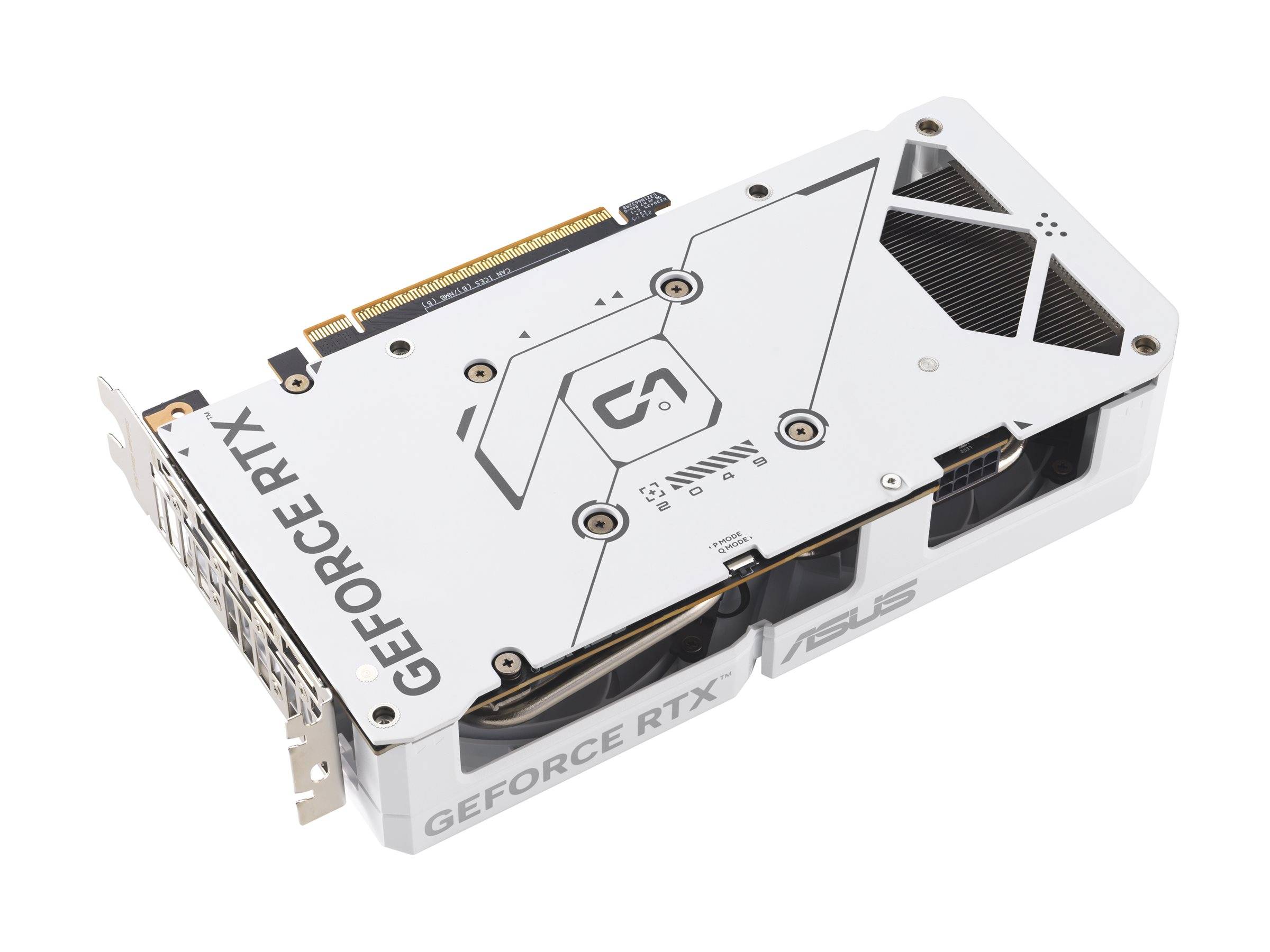 Weiße Grafikkarte mit schwarzen Akzenten, gekennzeichnet mit 'GEFORCE RTX' und 'ASUS', ausgestattet mit einem Kühlsystem und PCIe-Anschluss.