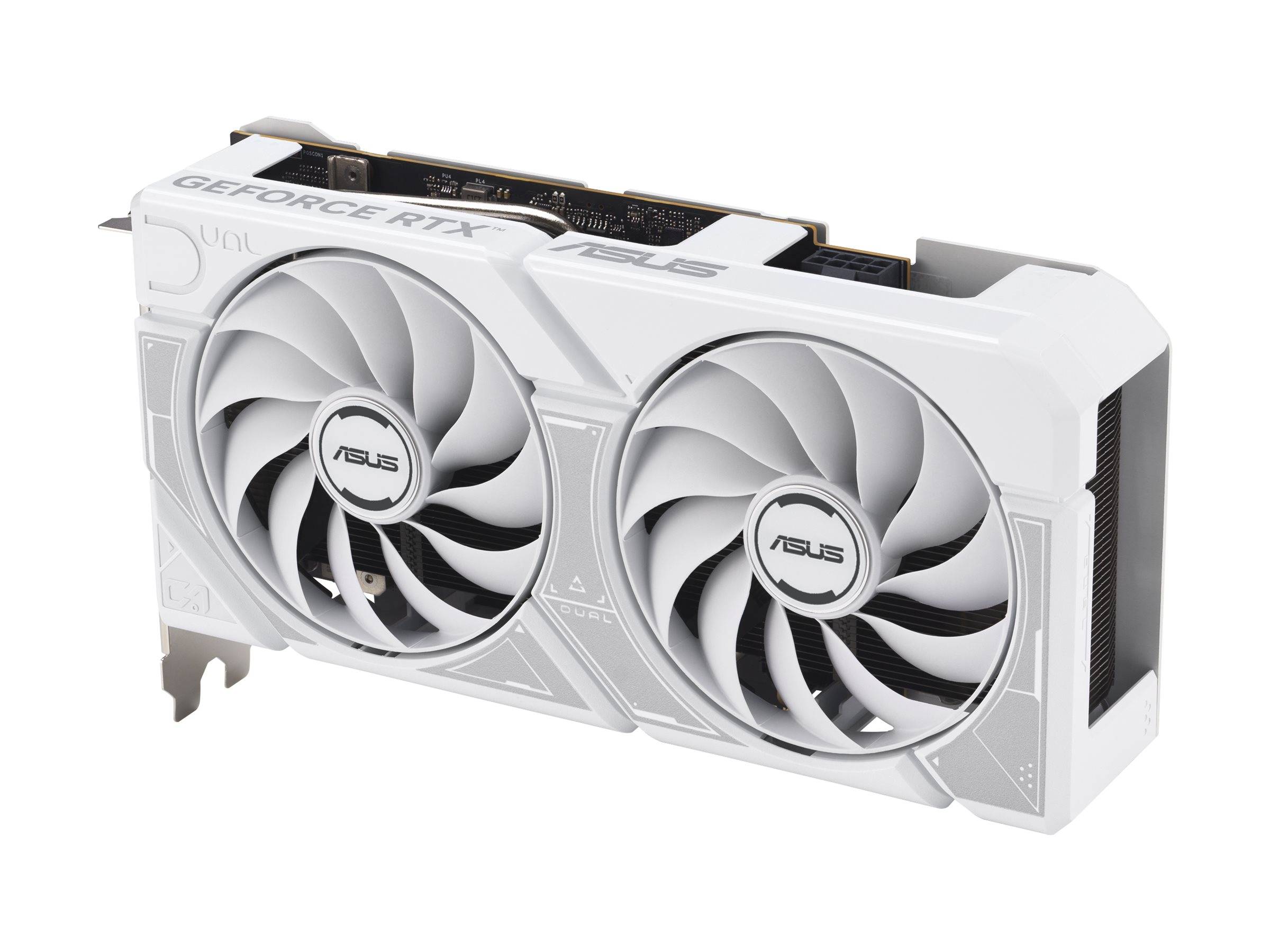 Eine weiße ASUS GeForce RTX Grafikkarte mit Dual-Lüftern, entwickelt für High-Performance-Gaming, mit einem eleganten, modernen Design.