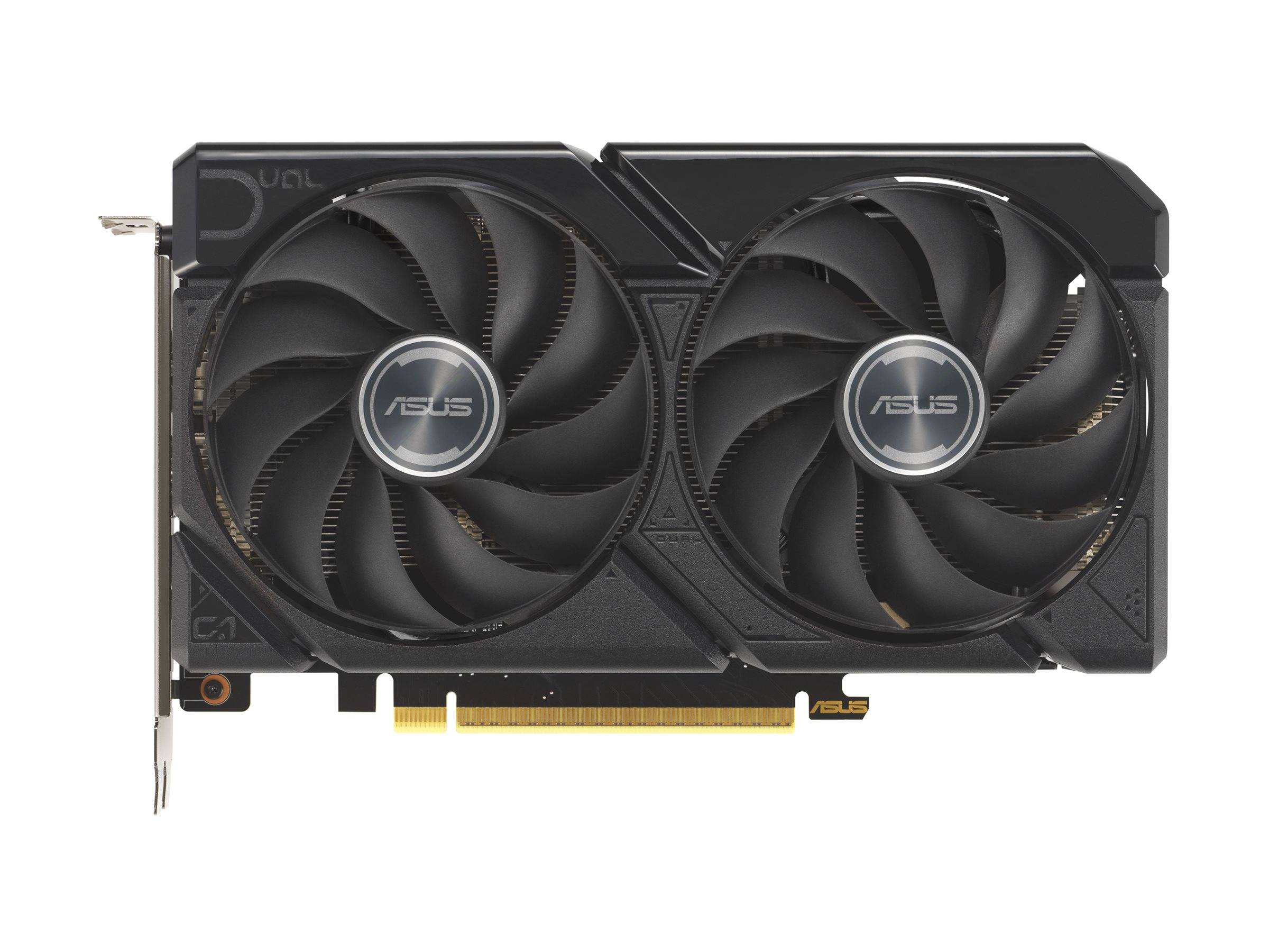 ASUS Dual-Lüfter-Grafikkarte auf weißem Hintergrund, zeigt die Vorderseite einer schwarzen GPU mit goldenem PCIe-Anschluss.