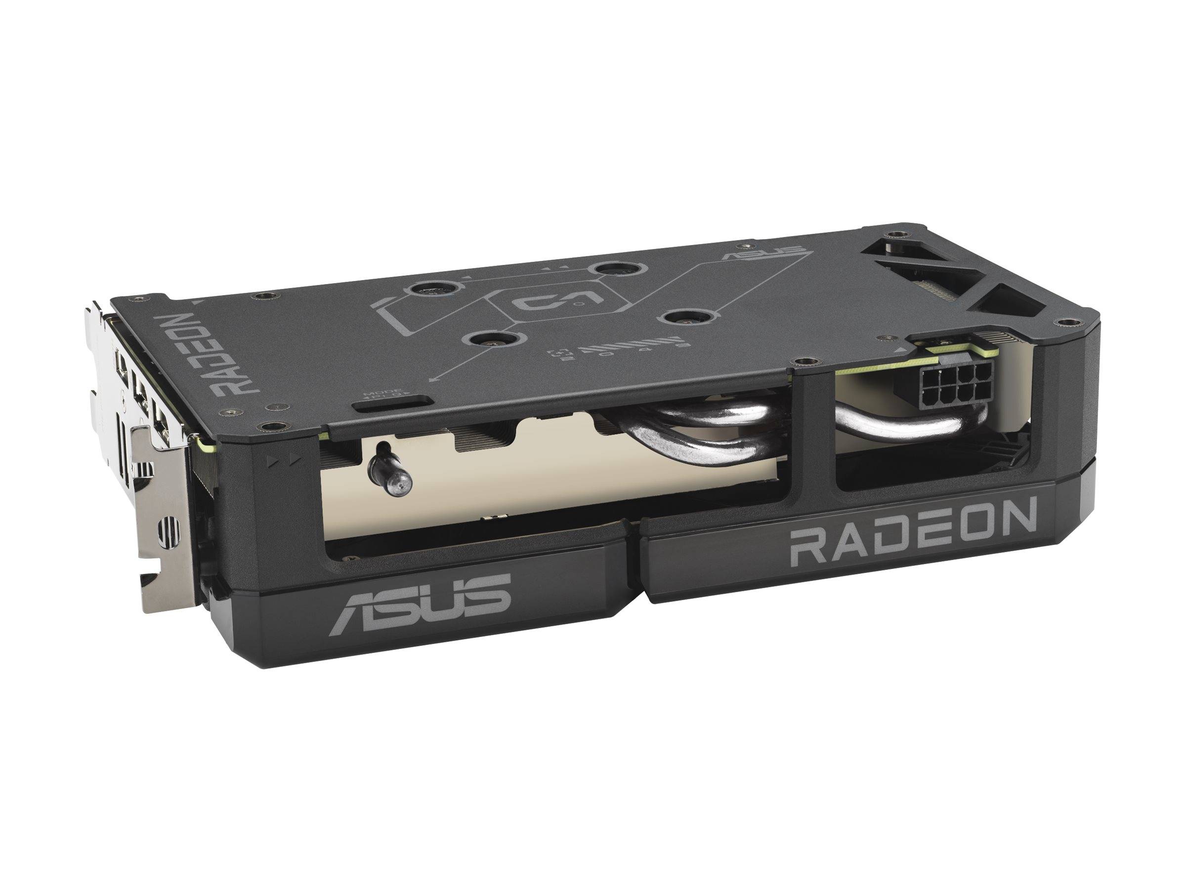 ASUS Radeon Grafikkarte mit Dual-Slot-Kühler und freiliegendem Kühlkörper, abgebildet auf weißem Hintergrund.